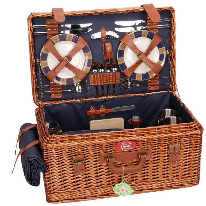Upscale women's picnic basket with spacious cooler & complete, durable crockery set for outdoor entertaining.