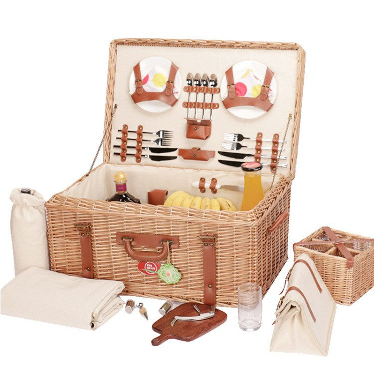 Beautiful women's picnic basket, a complete solution for outdoor dining with insulated cooler & elegant dishware.
