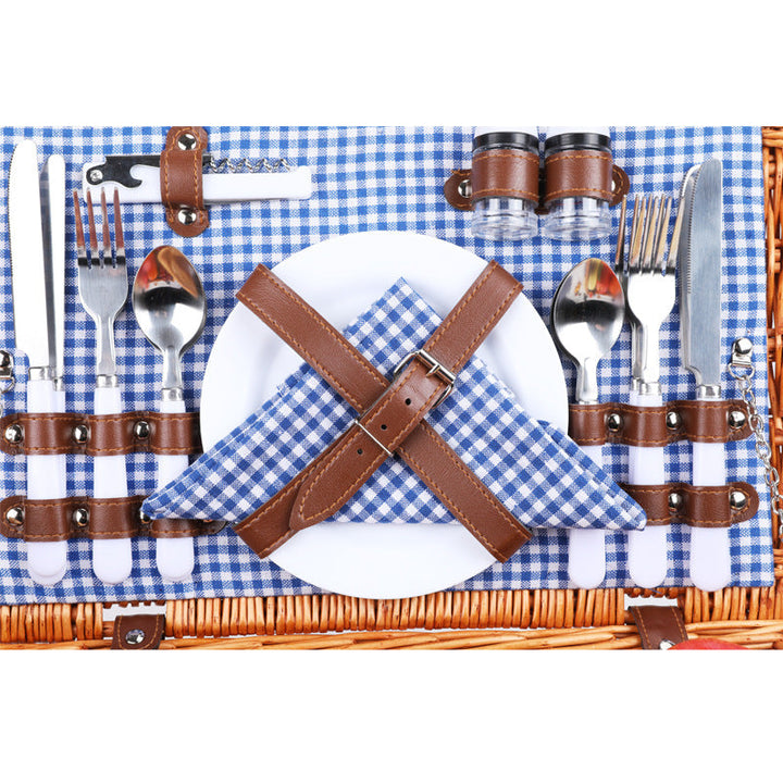 Stylish women's picnic basket gift set, includes cooler, plates, glasses & cutlery for sophisticated outdoor meals.