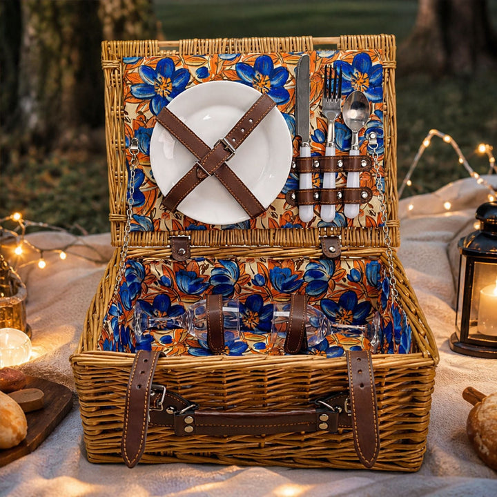 Complete women's picnic basket with cooler, crockery, & utensils, ideal for summer picnics & outdoor events.