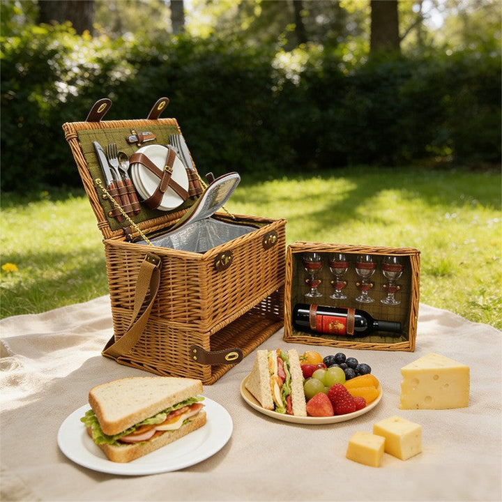 Deluxe women's picnic basket with secure cooler & elegant crockery set, perfect for romantic outdoor meals.