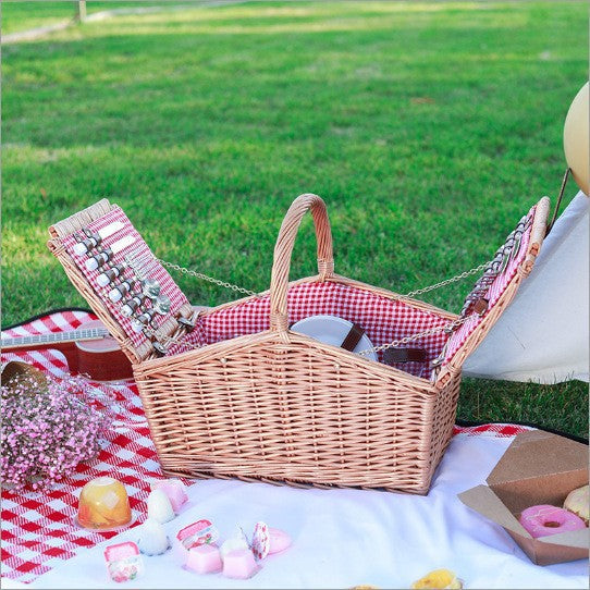 Hand-woven style picnic basket for women, includes thermal cooler & a full set of plates, cups & cutlery.