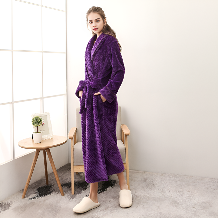 Cozy women's hooded plush robe, perfect for ultimate relaxation, home spa days, or warmth after a bath.