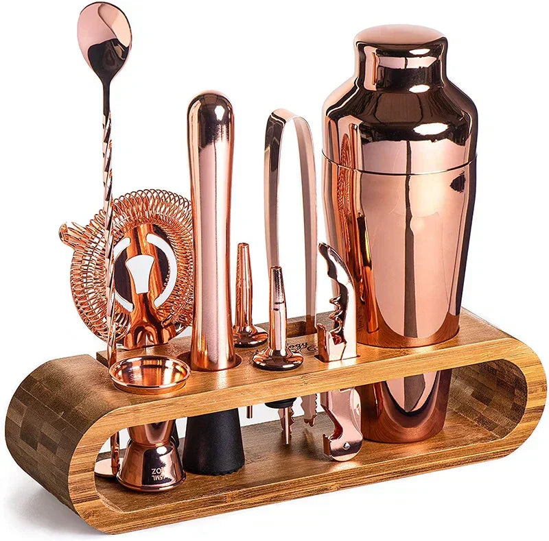 Luxury 10-piece metallic cocktail bar kit. Premium stainless steel mixology tools for home entertaining.