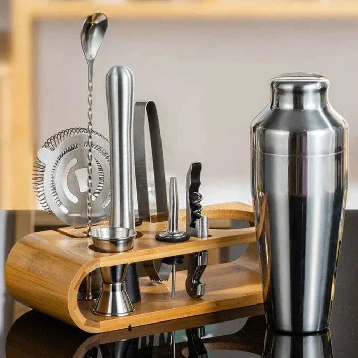 Deluxe 10-piece metallic drink mixer set. Premium stainless steel bartending tools for home.