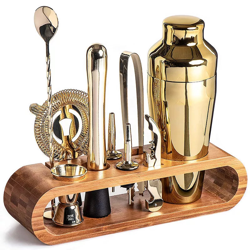 Unisex metallic cocktail kit, 10-piece. Stainless steel bar tools for premium home mixology drinks.