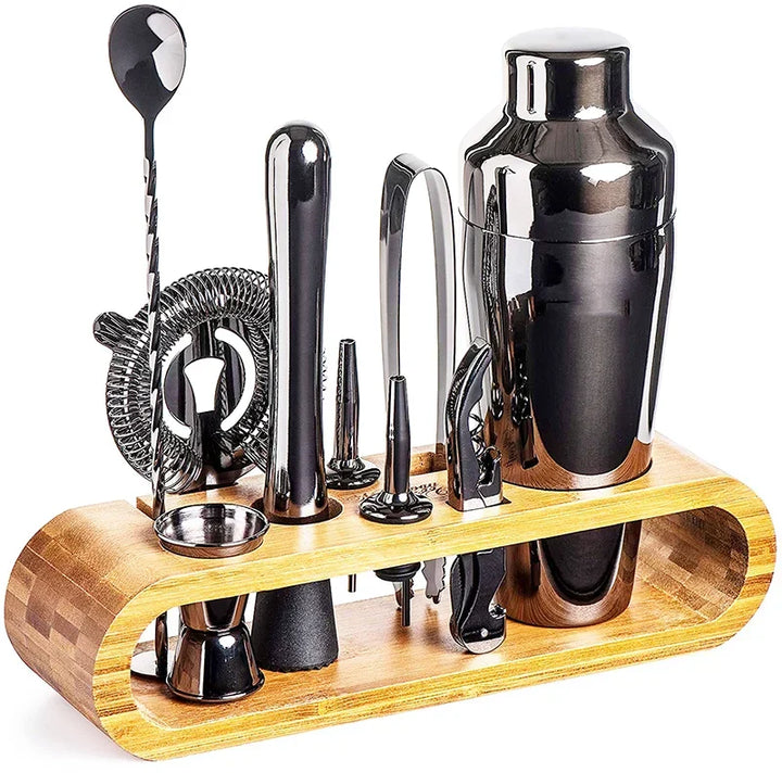 Elegant metallic mixology set. 10-piece stainless steel cocktail tools for a sophisticated home bar.