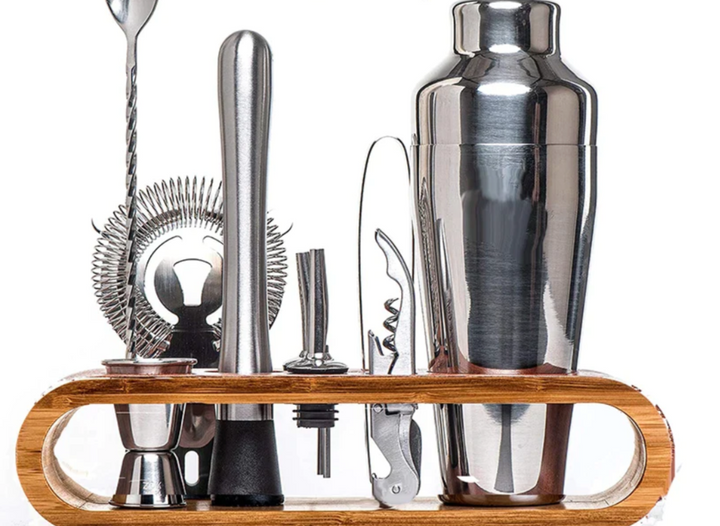 High-quality metallic mixology set. 10-piece stainless steel tools for elegant cocktail preparation.