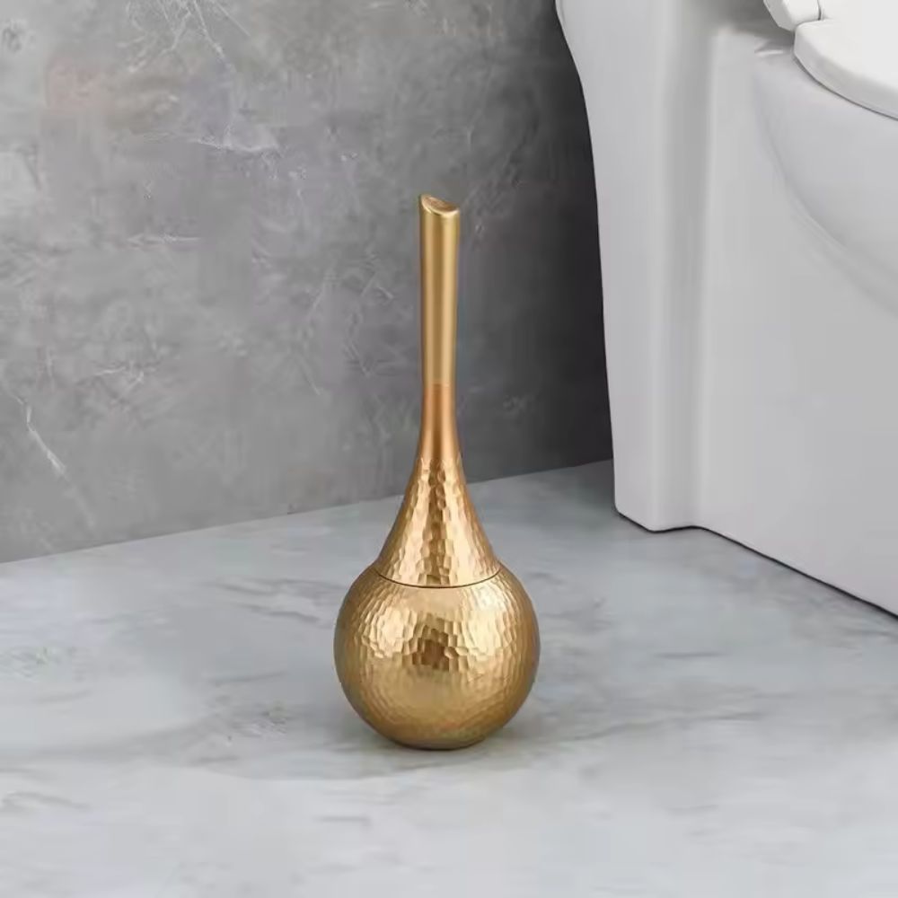 Luxury black luxe toilet brush & holder for modern bathrooms. Discreet storage, stylish bathroom decor.