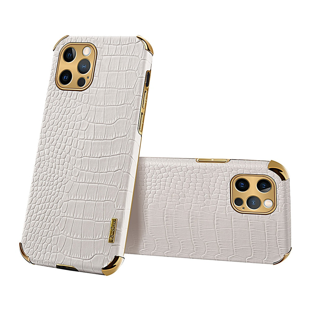 Luxury crocodile texture iPhone case, PU leather, offering stylish protection.