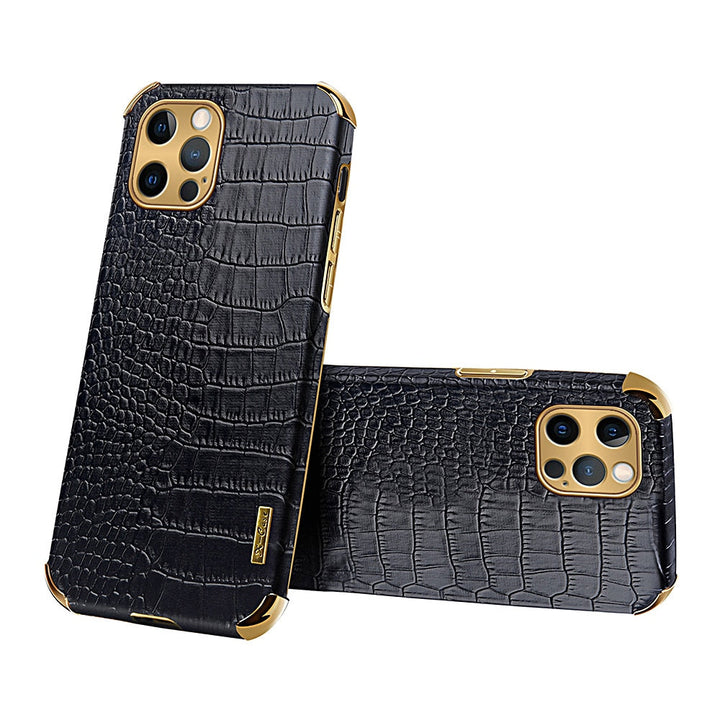Chic crocodile texture hard shell case, PU leather, offering luxury protection for iPhones.