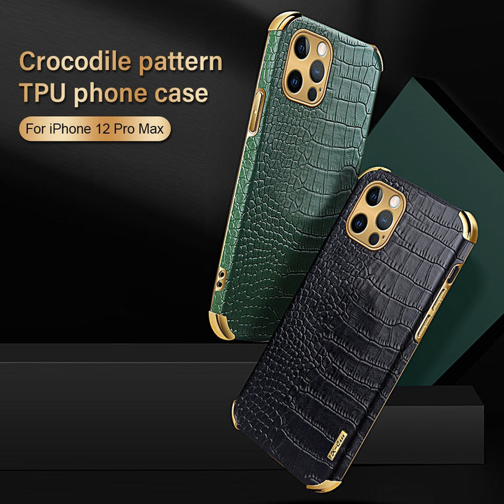 Protective hard shell phone cover with elegant crocodile texture for smartphones.