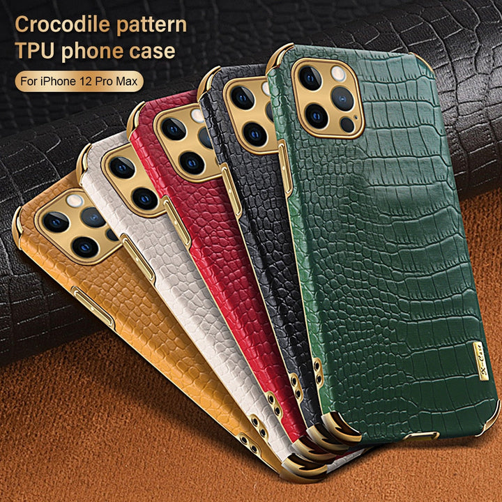Premium PU leather iPhone case, crocodile texture, luxury & protective smartphone accessory.