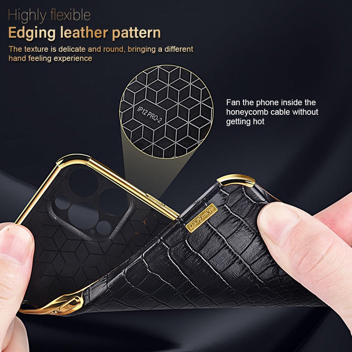 Stylish smartphone case: dark crocodile texture, durable PU leather, hard shell protection.