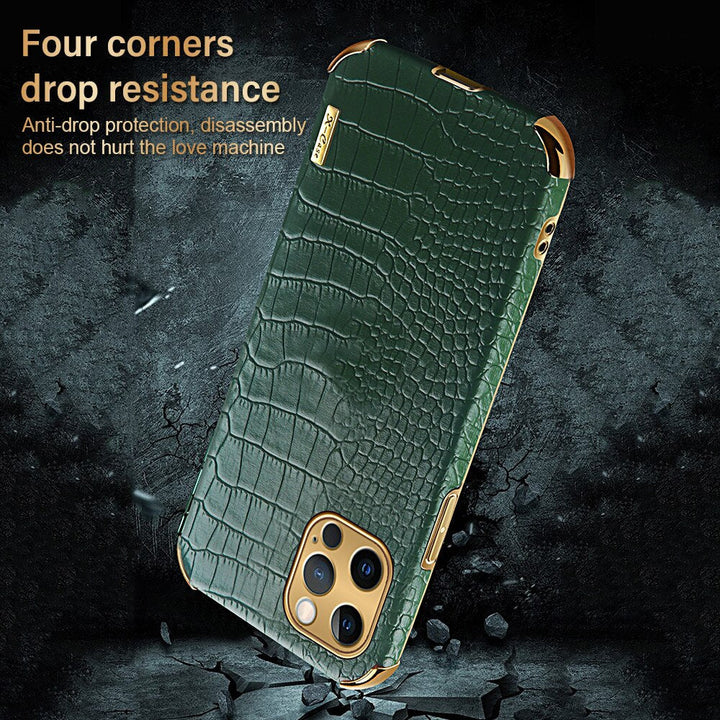 High-end protective phone cover with realistic crocodile texture, black PU leather.