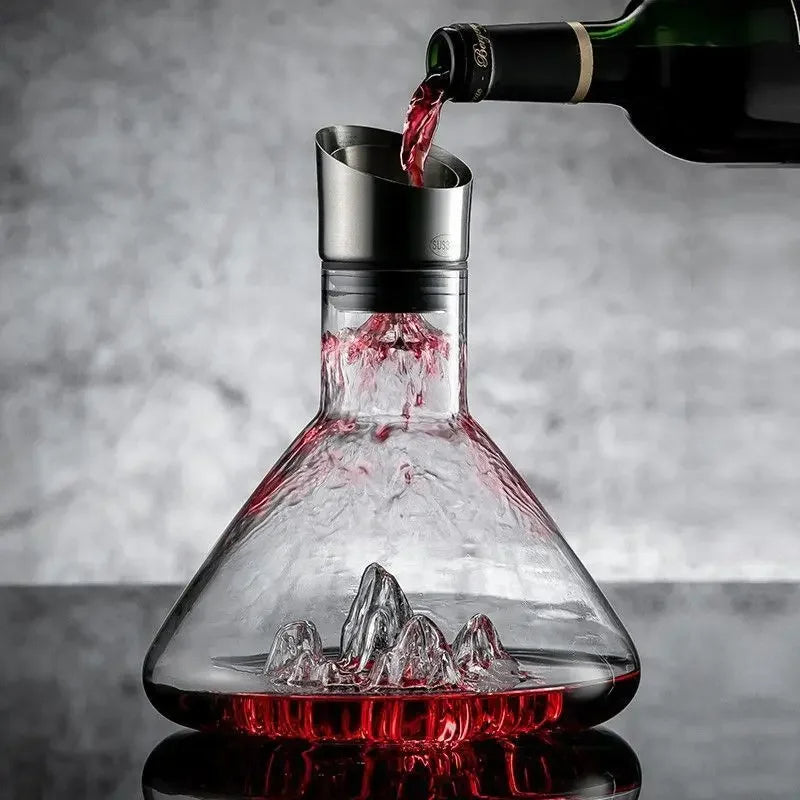 Luxury crystal wine decanter with 12-channel aeration and built-in filter for enhanced red wine flavor.