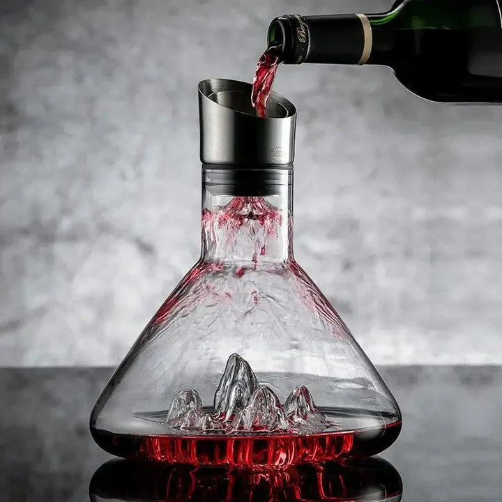 Luxury crystal wine decanter with 12-channel aeration and built-in filter for enhanced red wine flavor.
