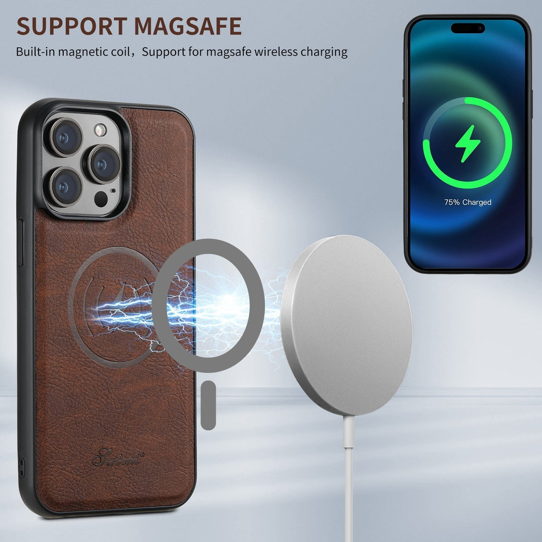 Luxury iPhone case with magnetic card holder & integrated stand. Stylish leather for ultimate phone protection.