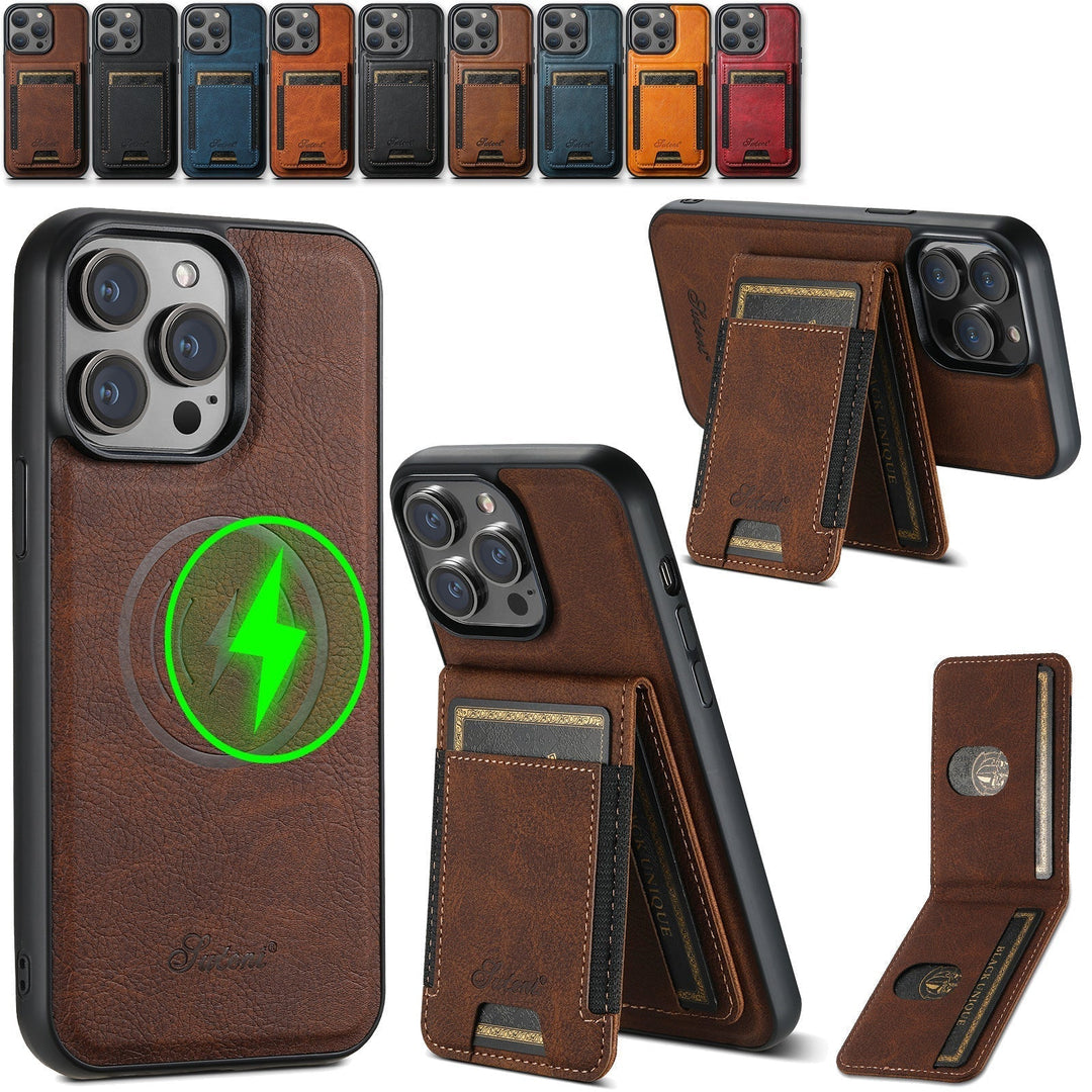 Unisex iPhone case with convenient card holder, magnetic stand, & wireless charging compatibility. Elegant design.