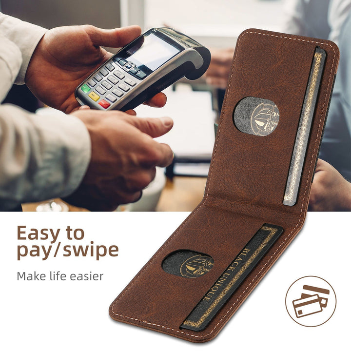 Stylish unisex luxury iPhone case. Premium phone accessory with sleek design, card holder, and magnetic stand.