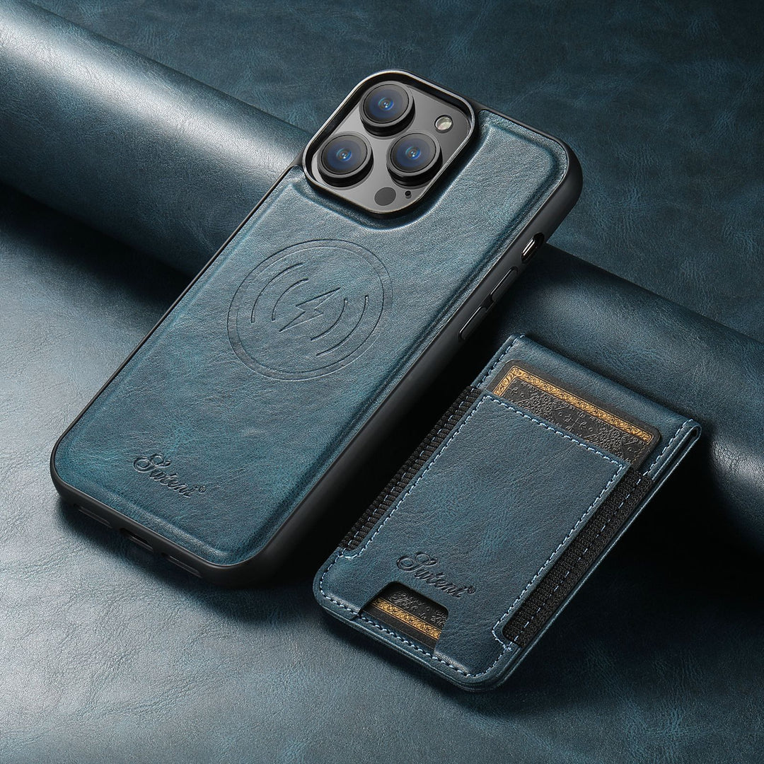 Premium leather iPhone case with a secure card holder & versatile magnetic stand. Offers luxurious phone protection.