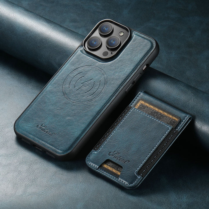 Premium leather iPhone case with a secure card holder & versatile magnetic stand. Offers luxurious phone protection.