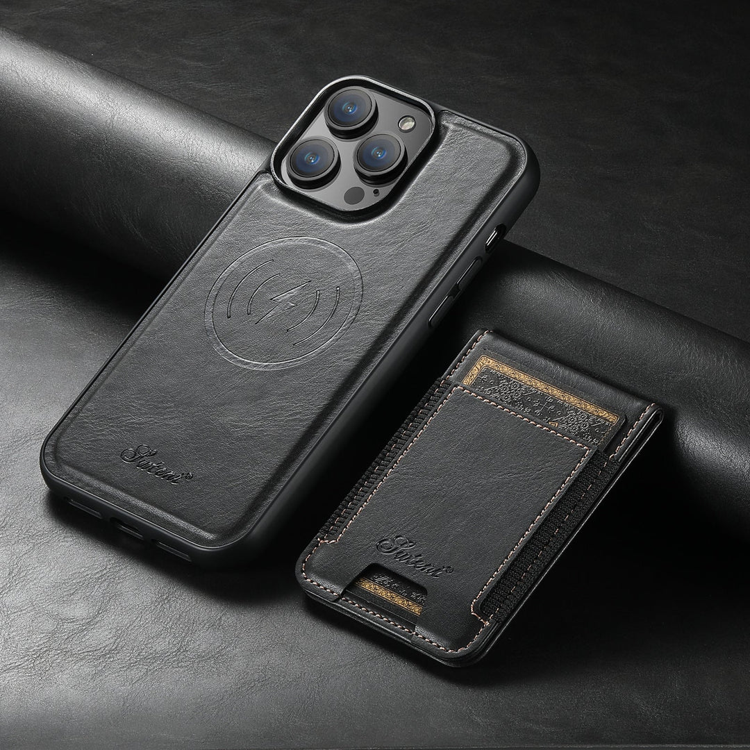 Innovative iPhone case featuring a magnetic stand & card holder. Luxury leather provides stylish & practical phone protection.