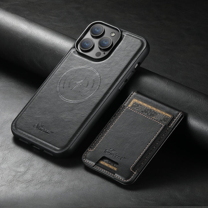 Innovative iPhone case featuring a magnetic stand & card holder. Luxury leather provides stylish & practical phone protection.