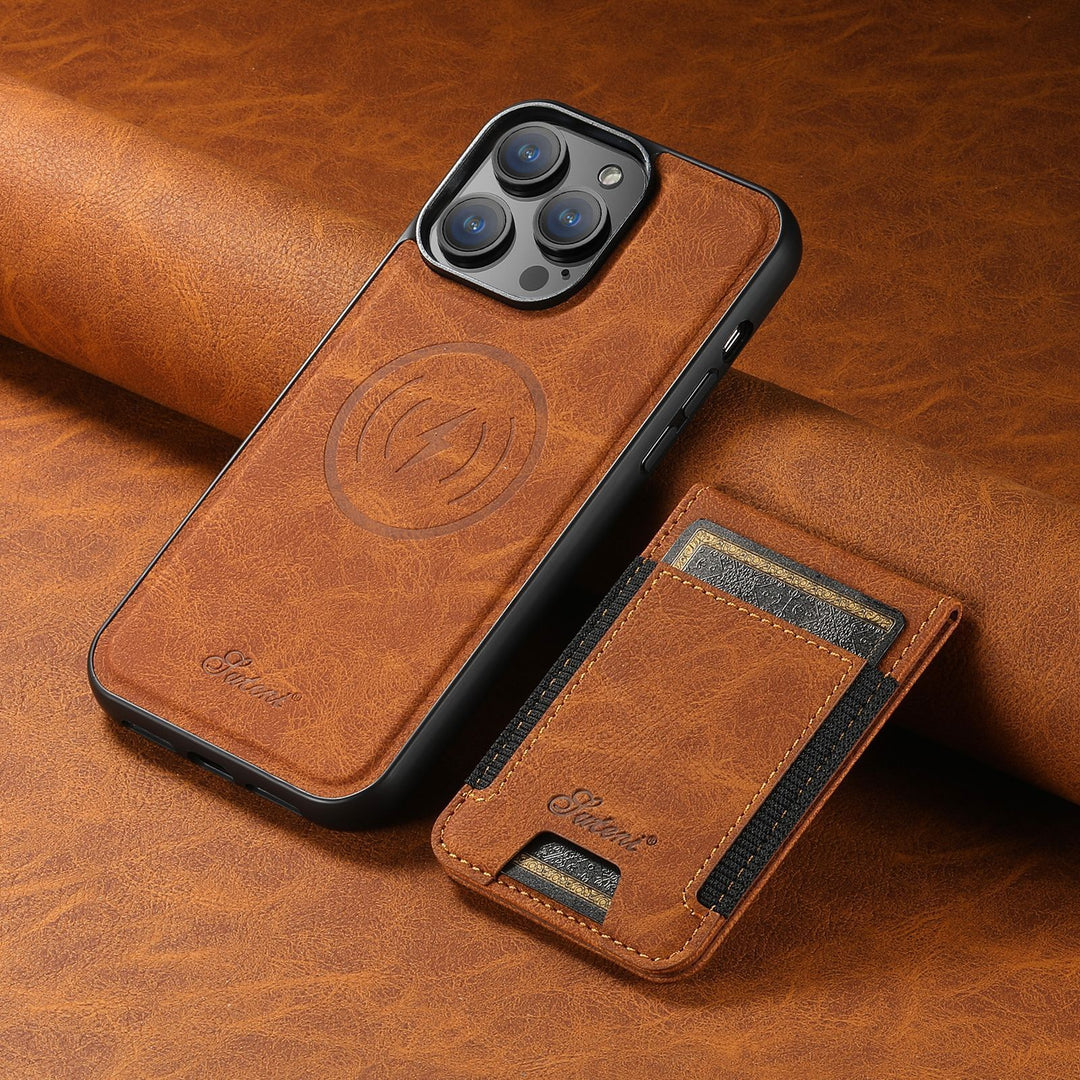 Sleek luxury iPhone case compatible with wireless charging. Features a practical card holder & magnetic stand for convenience.