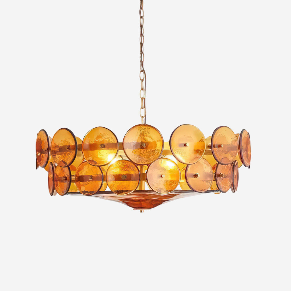 Luxury round chandelier with glass and metal accents for dining room.