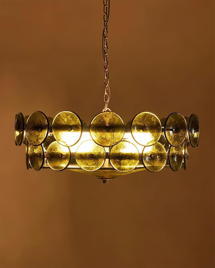 Unique round metal chandelier, showcasing modern design & home decor.