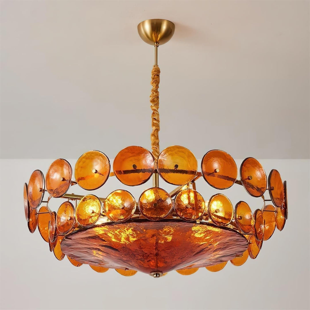 Green, white & orange luxury round chandelier, modern ceiling decor.