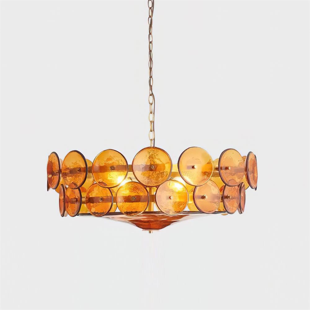 Contemporary round chandelier with a mix of glass and polished metal.