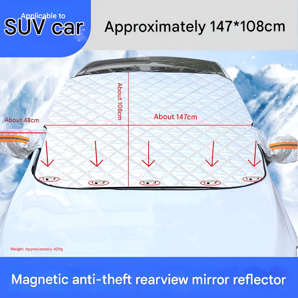 Magnetic anti-frost windshield cover for car protection from ice & snow. Easy to install winter auto accessory.