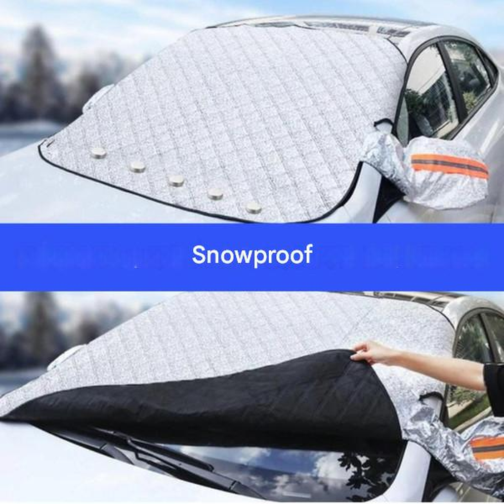 Heavy-duty magnetic anti-frost windshield cover acts as an ice shield & snow tarp for superior car protection.