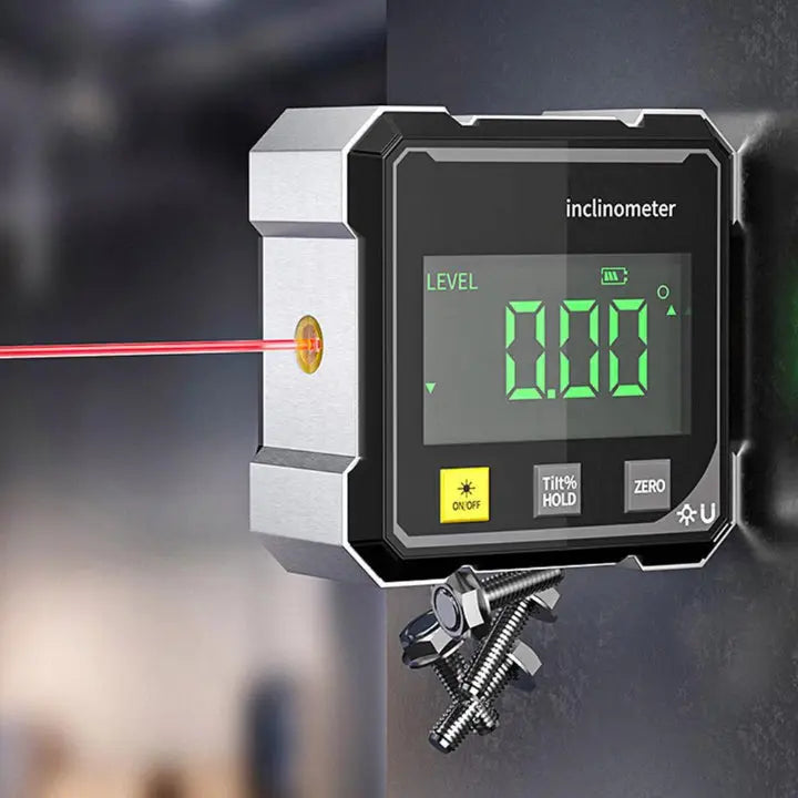 Magnetic digital laser level angle finder tool for precise measurements in construction & DIY.