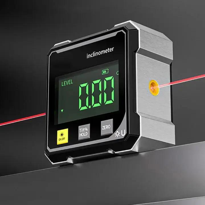 Digital laser level angle finder with magnetic base for accurate alignment & measurement in woodworking.