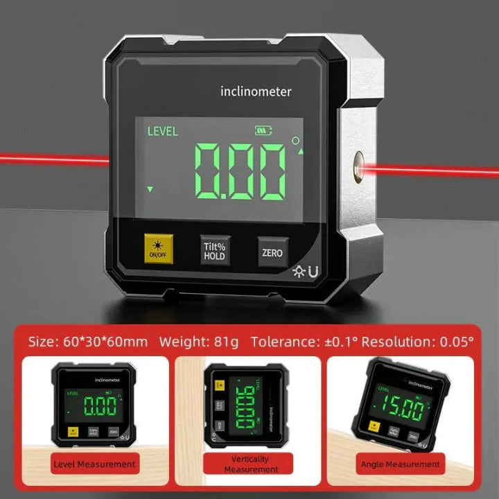 Precision digital angle finder tool with laser & strong magnet for accurate angle measurement in construction.