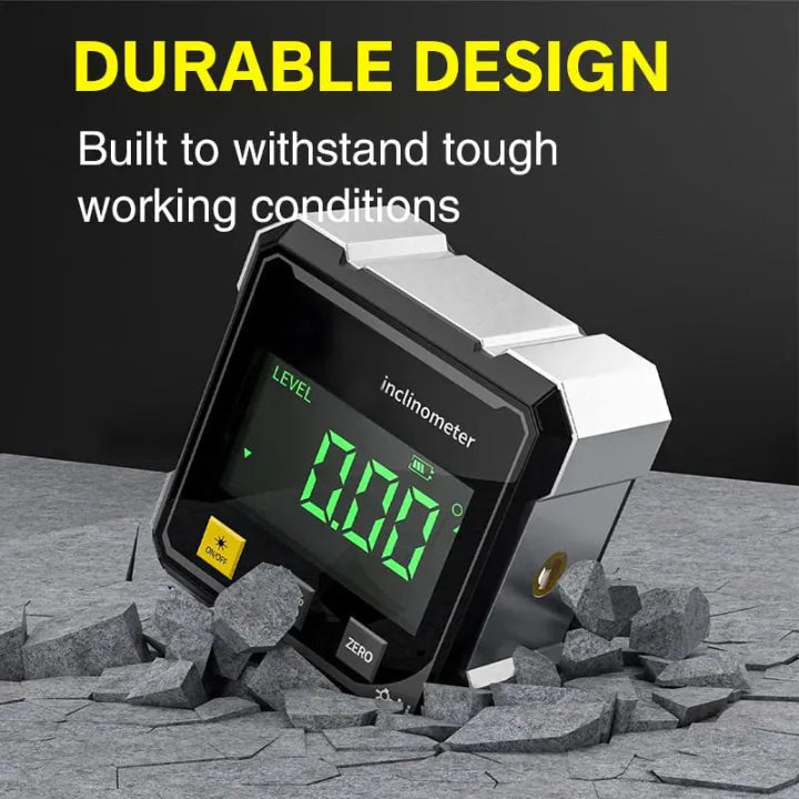 Compact magnetic digital laser level angle finder, ideal for precision measurement in various trades.