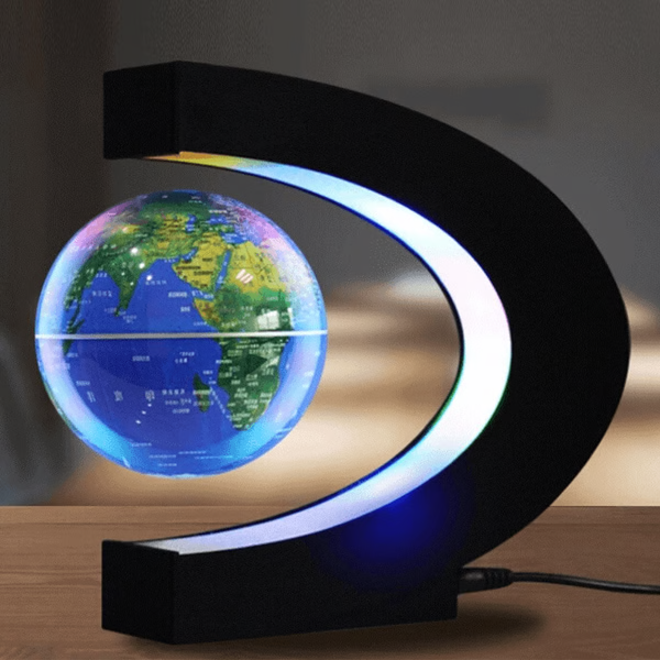 Magnetic floating globe with LED lights, a modern desk accessory for home or office decor.