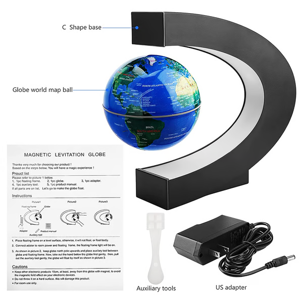 Sleek LED illuminated magnetic floating world globe, an innovative conversation starter for your space.
