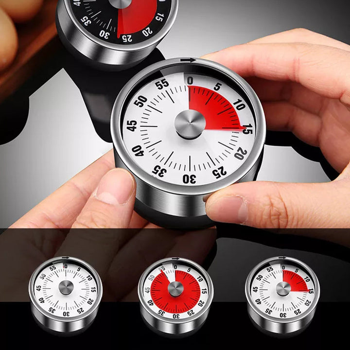 Premium stainless steel mechanical timer. Magnetic back for kitchen or study. No battery needed.