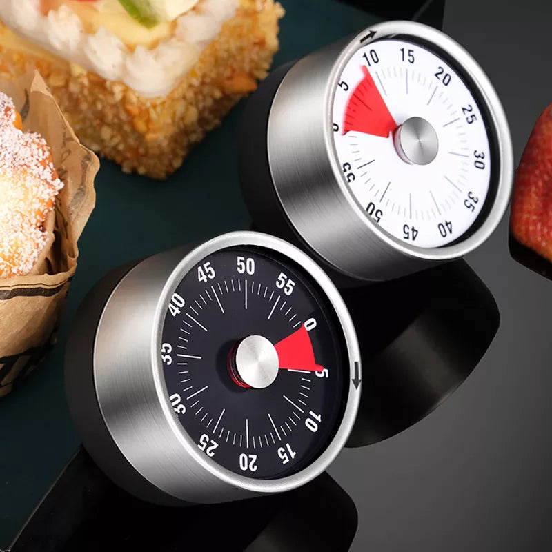 Modern vintage magnetic kitchen timer. Stainless steel, mechanical. No battery. Cooking & study aid.