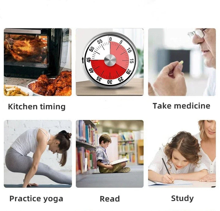 Stainless steel mechanical cooking timer with magnetic back. Reliable, no-battery kitchen essential.