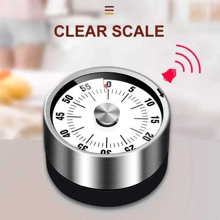 Compact magnetic kitchen timer. Mechanical, no battery. Great for cooking, study, and time management.