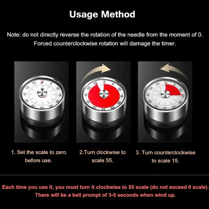 Sleek magnetic mechanical timer. Stainless steel design for kitchen, study & productivity. No battery.