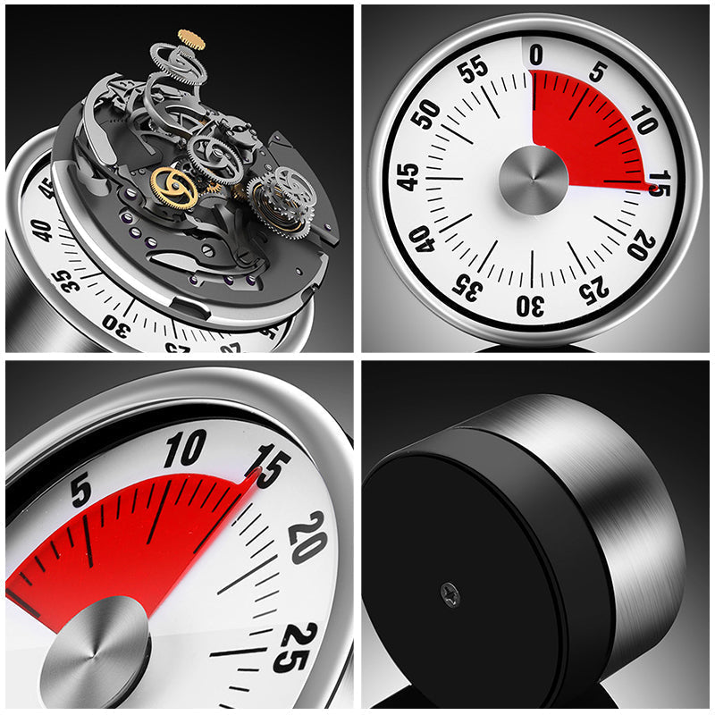 Durable stainless steel magnetic timer. Mechanical, no battery. Essential for kitchen & productivity.