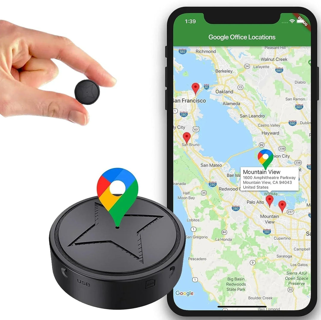 Magnetic real-time GPS tracker for cars with long battery life, perfect for vehicle security & asset tracking.
