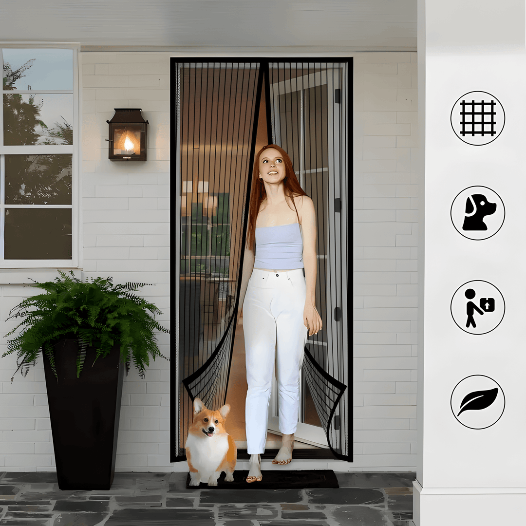 Easy installation magnetic screen door mesh. Self-closing insect screen, ideal for home pest control & fresh air.