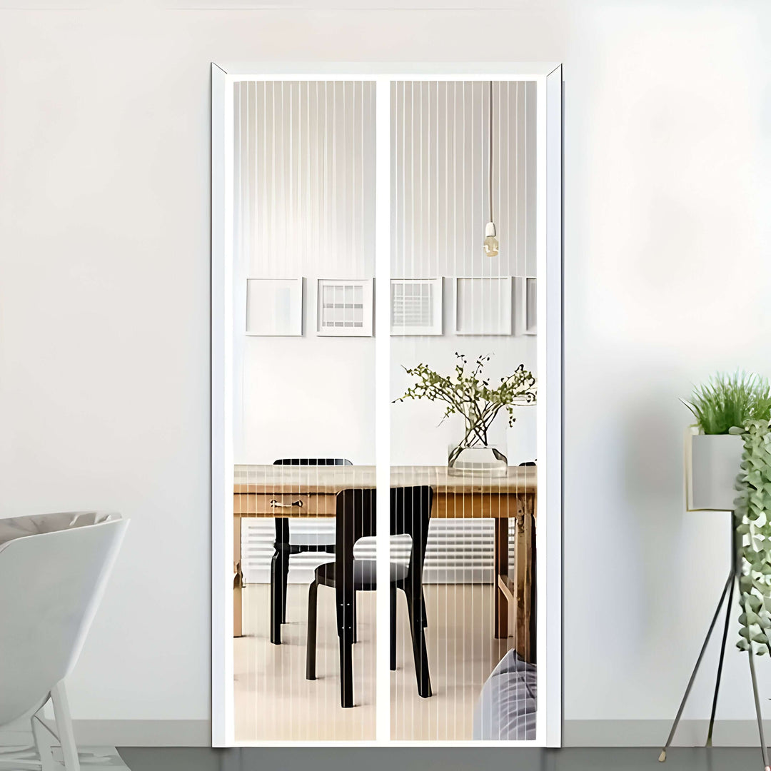 Pet-friendly magnetic fly screen door. Self-closing mesh allows hands-free entry while blocking mosquitos & flies.